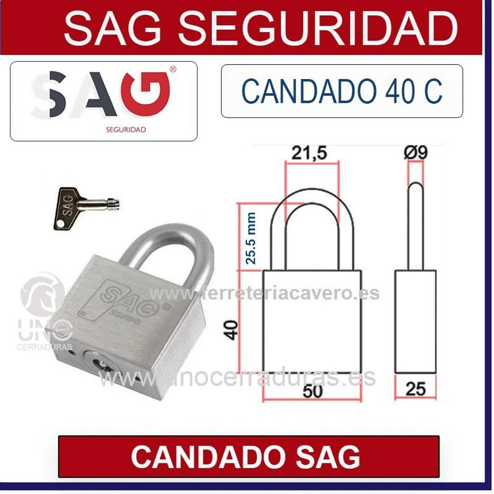 CANDADO SAG 40C ARCO CORTO 25.5mm ACERO INOX AISI 303