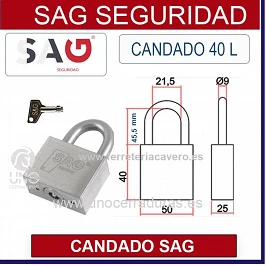 CANDADO SAG 40L ARCO LARGO 45.5mm ACERO INOX AISI 303