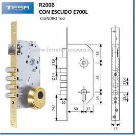 CERRADURA SEGURIDAD EMBUTIR R200B 1P 60MM LATON R200B566L