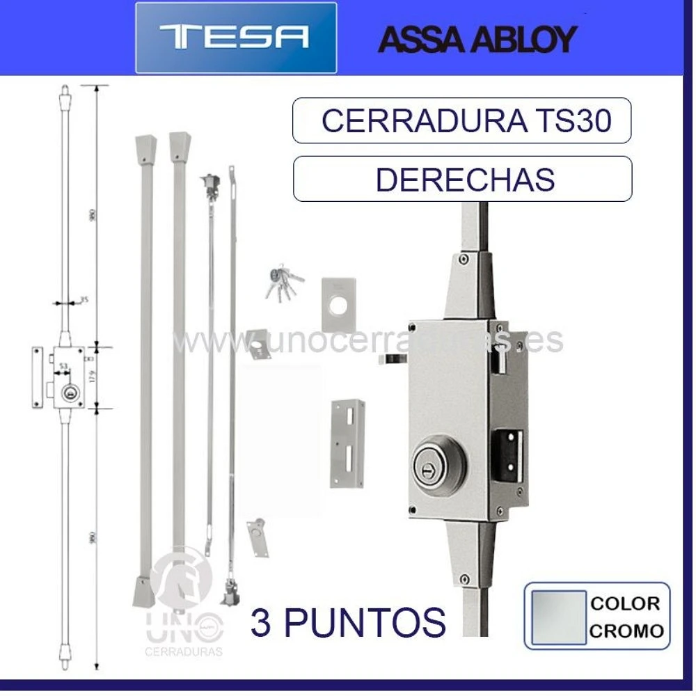 CERRADURA TESA SOBREPONER TS30 3P DERECHAS ACERO CROMADO