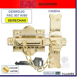 CERROJO FAC 307-R/80MM DORADO CON CADENA DERECHAS