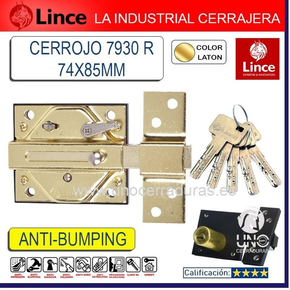CERROJO LINCE ALTA SEGURIDAD 7930R-HL LATONADO CON BOMBILLO DE 70mm