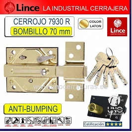 Cerrojo LINCE 7930R-HL CILINDRO 70mm DORADO.Antibumping