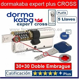 CILINDRO DORMA KABA ExperT CROSS LAM Doble Embrague 30+30 60mm CROMO