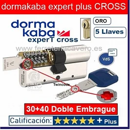 CILINDRO DORMA KABA ExperT CROSS LAM Doble Embrague 30+40 70mm LATON