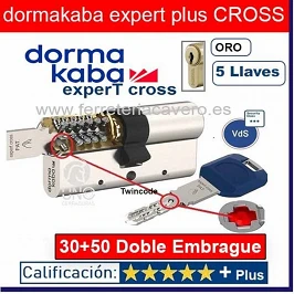 CILINDRO DORMA KABA ExperT CROSS LAM Doble Embrague 30+50 80mm LATON