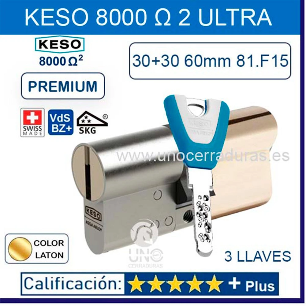 KESO 8000 Omega 2 Cilindro de seguridad Europeo F. ULTRA+ POMO + 5 Llaves  Combi extralarga