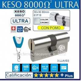 CILINDRO KESO 8000 Omega2 ULTRA 30+30:60mm POMO CROMO 81.F19.080 3 LLAVES