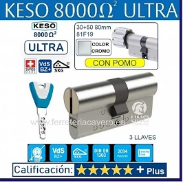CILINDRO KESO 8000 Omega2 ULTRA 30+50:80mm POMO CROMO 81.F19.080 3 LLAVES