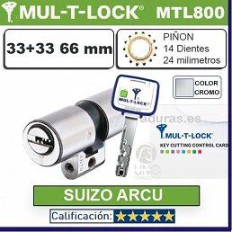 CILINDRO MT5+ 33+33:66mm MULTLOCK MTL800 SUIZO 22mm CROMO ARCU
