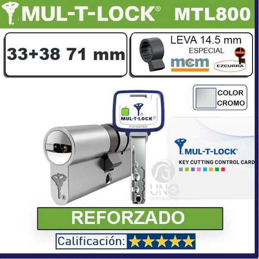 Cilindro MT5+ 33+38 71mm MULTLOCK MTL800 CROMO Reforzado Leva MCM
