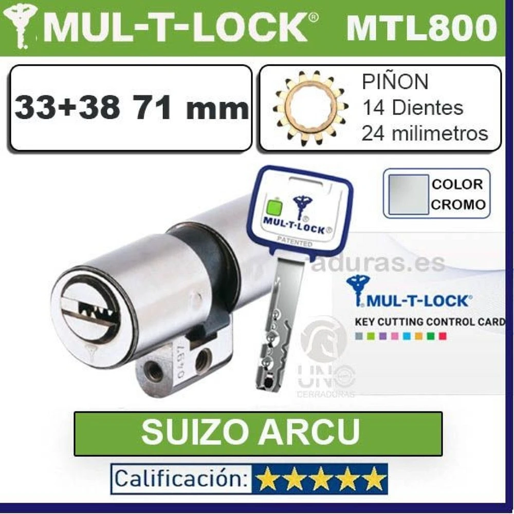 CILINDRO MT5+ 33+38:71mm MULTLOCK MTL800 Suizo 22mm CROMO 14 DIENTES