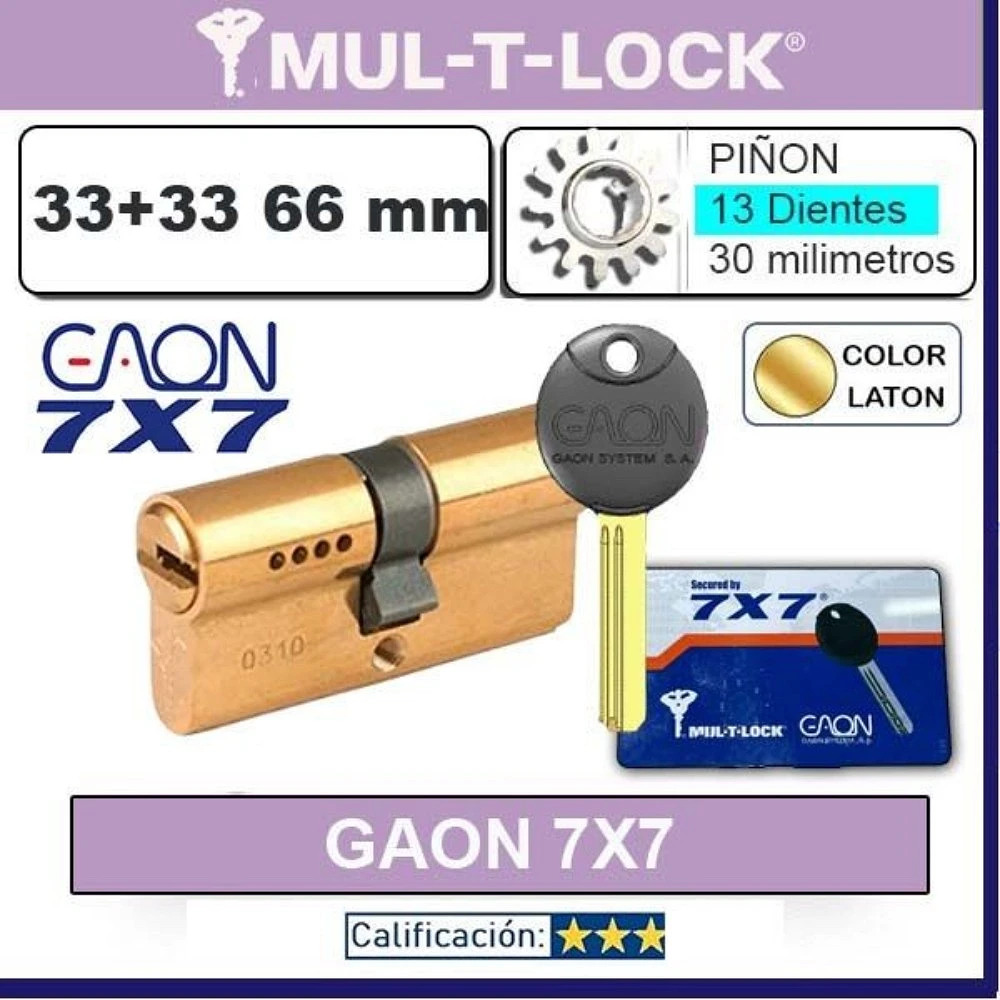 CILINDRO MULTLOCK GAON 7x7 33+33:66 mm LATON 13 Dientes