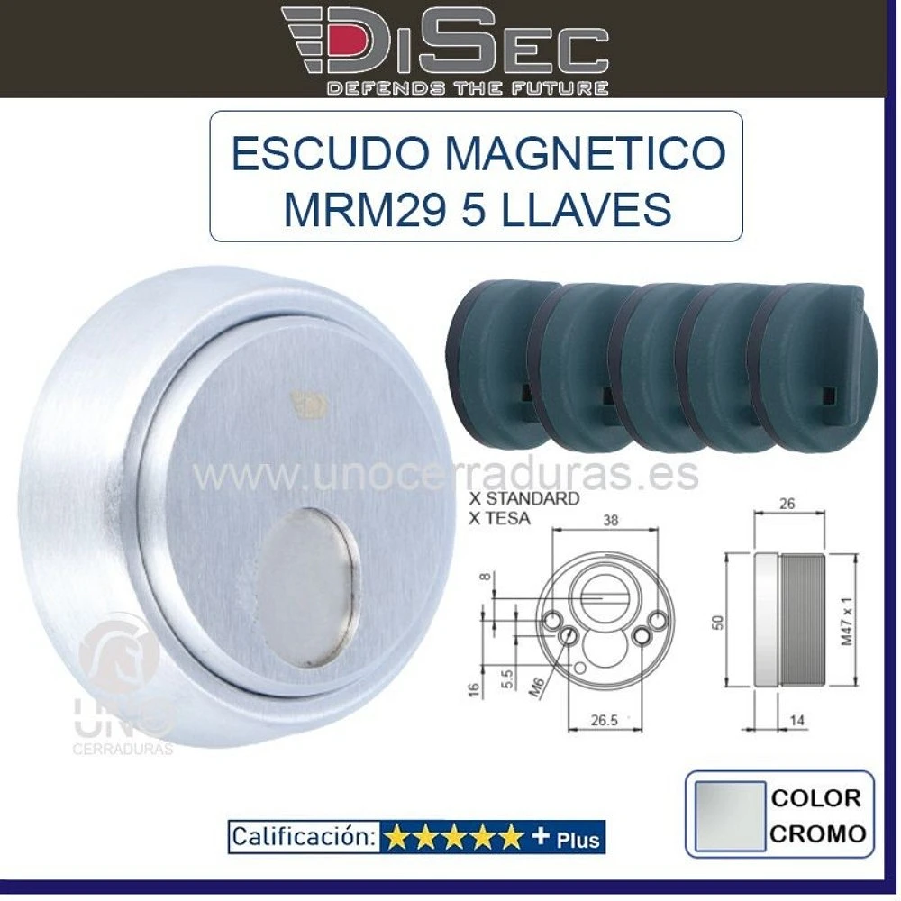 ESCUDO SEGURIDAD BLINDADO DISEC MRM29E CROMO CON 5 LLAVES MAGNETICAS