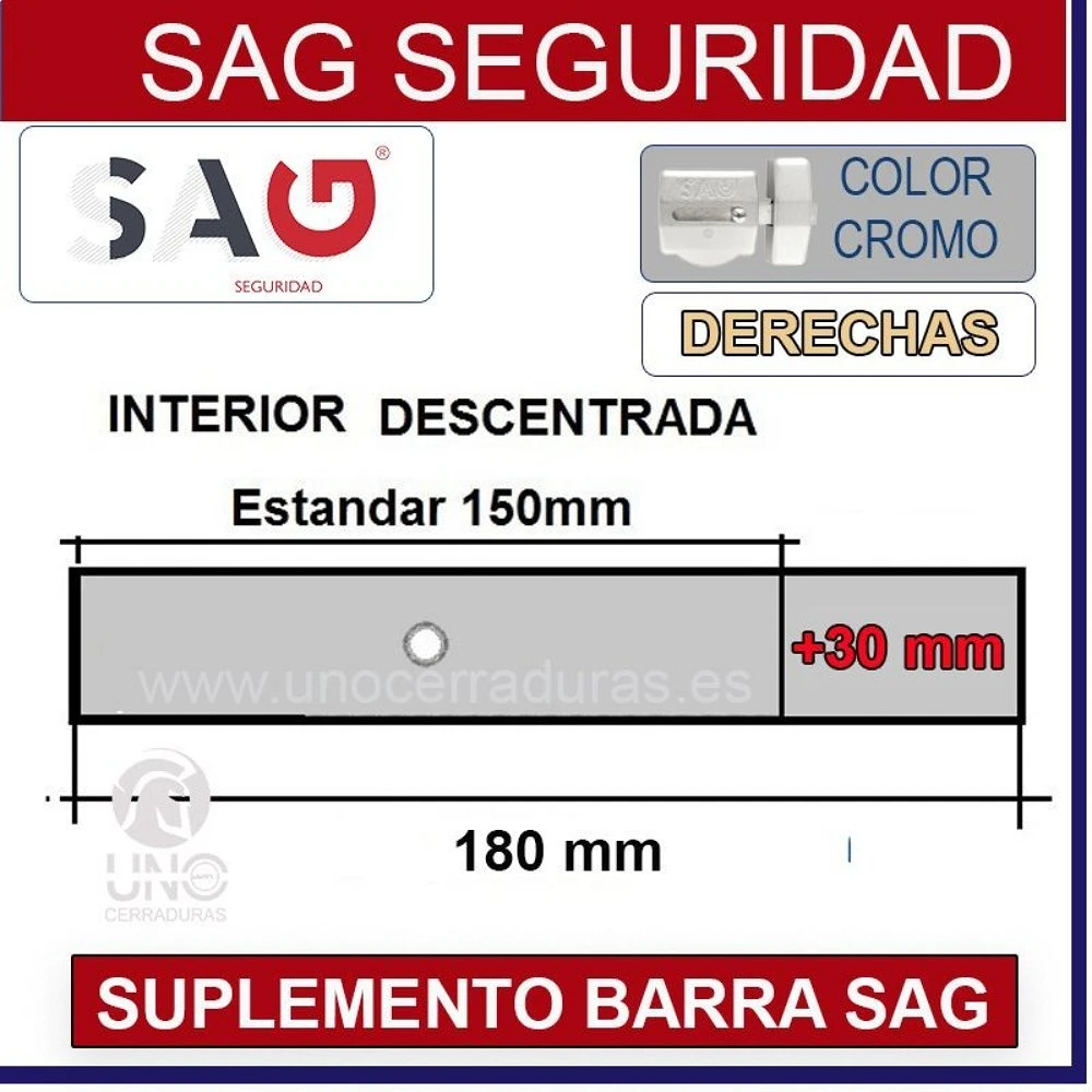 SUPLEMENTO BARRA CERROJO SAG CSI 180mm DESCENTRADA +30MM DERECHAS CROMO