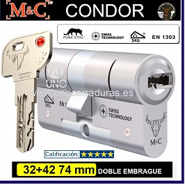 CILINDRO M&C CONDOR 32+42 74mm CROMO DOBLE EMBRAGUE 5 LLAVES CILINDRO M&C CONDOR 32+42 74mm CROMO DOBLE EMBRAGUE 5 LLAVES