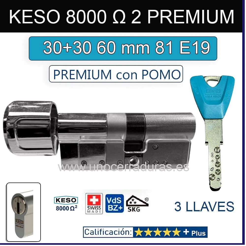 CILINDRO KESO 8000 Omega2 PREMIUM 30+30:60mm POMO CROMO 81.E19.080