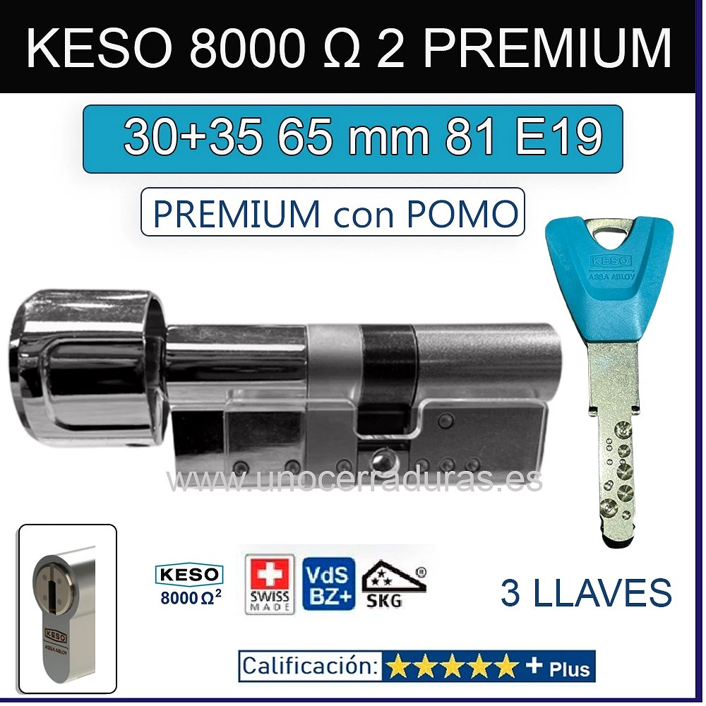 CILINDRO KESO 8000 Omega2 PREMIUM 30+35:65mm POMO CROMO 81.E19.080