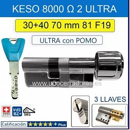 BOMBILLO KESO 8000 Omega2 ULTRA 30+40:70mm POMO CROMO 81.F19.080 3 LLAVES