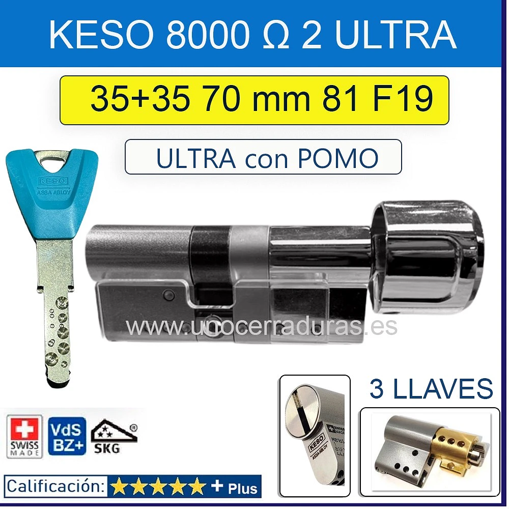 BOMBILLO KESO 8000 Omega2 ULTRA 35+35:70mm POMO CROMO 81.F19.080 3 LLAVES