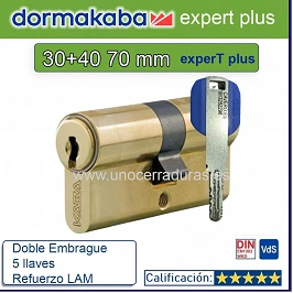 BOMBILLO DORMA KABA ExperT Plus Lam doble Embrague 30+40 70mm LATON