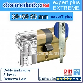 BOMBILLO DORMA KABA Extreme ExperT Plus Doble Embrague+Lam 30+50 80mm LATON