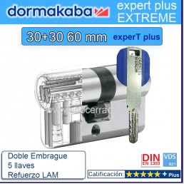 BOMBILLO DORMA KABA Extreme ExperT Plus Doble Embrague+Lam 30+30 60mm CROMO