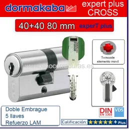 BOMBILLO DORMA KABA ExperT CROSS LAM Doble Embrague 40+40 80mm CROMO