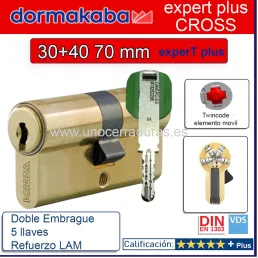 BOMBILLO DORMA KABA ExperT CROSS LAM Doble Embrague 30+40 70mm LATON