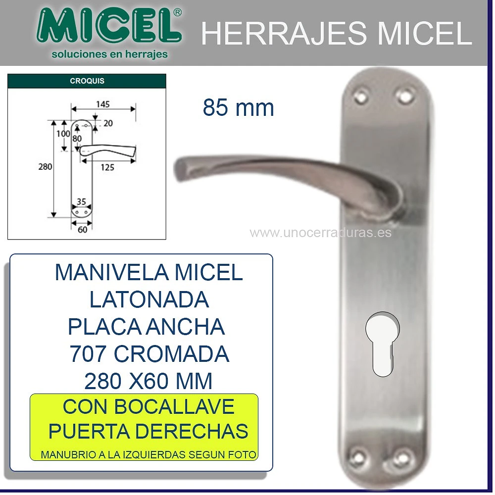 ⇒ Comprar Manivela puerta 707 240x45mm placa larga aluminio/chapa niquel  satinado micel ▷ Más de 200 tiendas ✔️