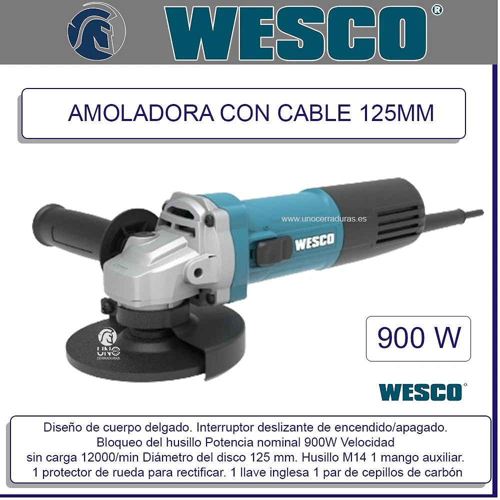 AMOLADORA WESCO 125MM 900W CON CABLE UNO CERRADURA