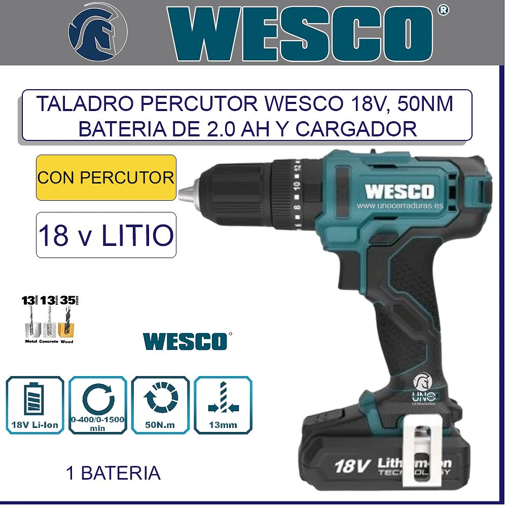 TALADRO PERCUTOR WESCO 18V, 50NM BATERIA DE 2.0 AH Y CARGADOR