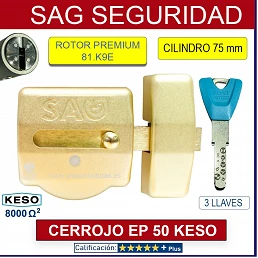 CERROJO SAG EP50 ORO CILINDRO 75mm KESO PREMIUM 3 LLAVES UNO CERRADURAS