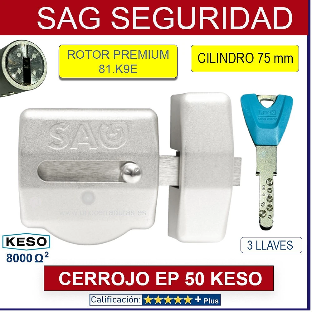 CERROJO SAG EP50 CROMO CILINDRO 75mm KESO PREMIUM 3 LLAVES UNO CERRADURAS