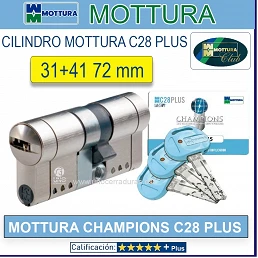 CILINDRO MOTTURA CHAMPIONS C28 PLUS M 31+41 72mm DOBLE EMBRAGUE CROMO 5 LLAVES