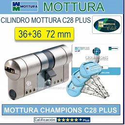 CILINDRO MOTTURA CHAMPIONS C28 PLUS M 36+36 72mm DOBLE EMBRAGUE CROMO 5 LLAVES