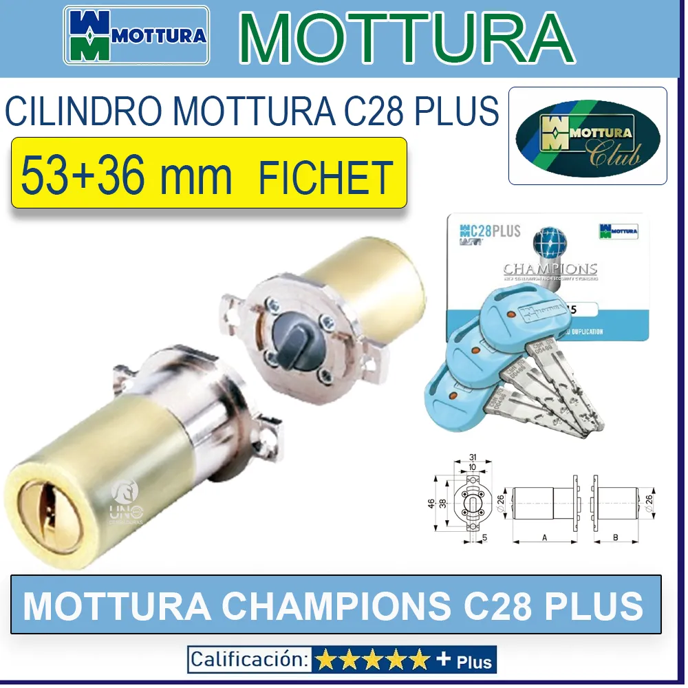 CILINDRO MOTTURA CHAMPIONS C28 PLUS FICHET 53+36 LATON 5 LLAVES