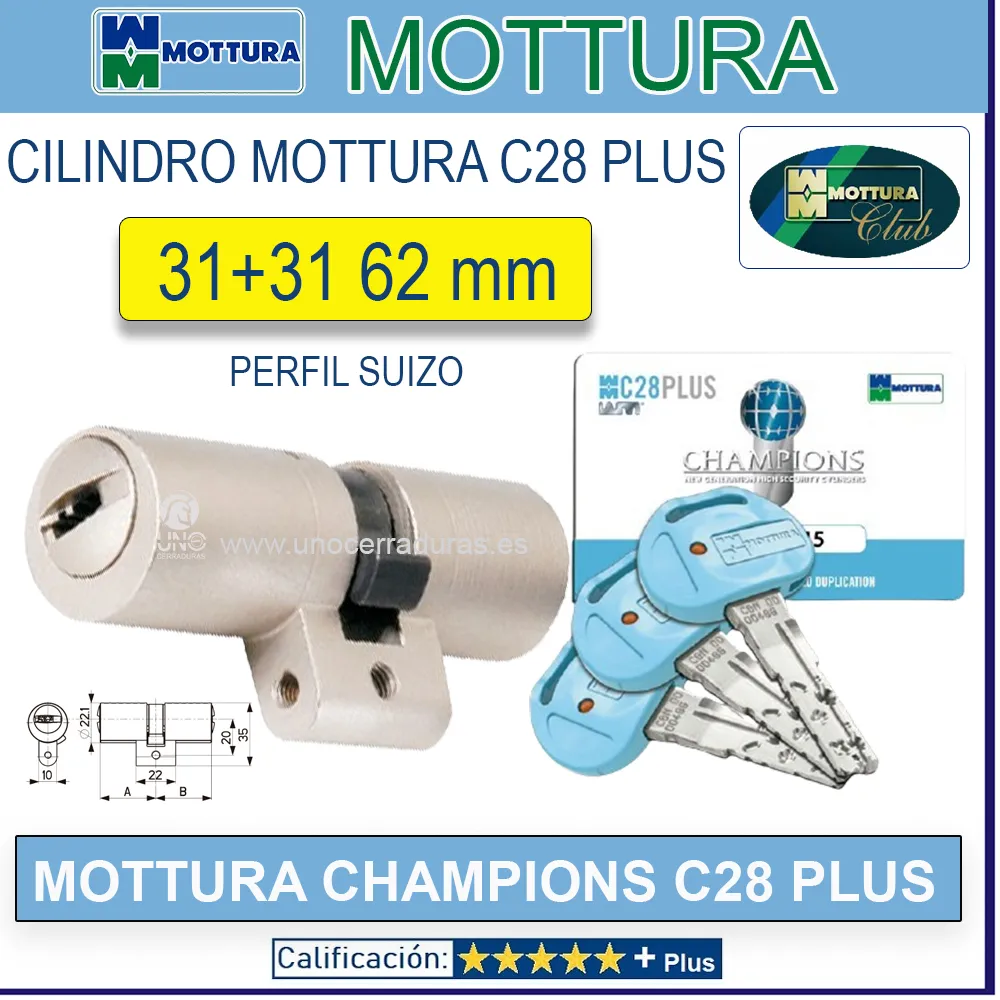 CILINDRO MOTTURA CHAMPIONS C28 PLUS SUIZO 31+31 62mm DOBLE EMBRAGUE CROMO 5 LLAVES