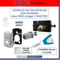 Cerrojo FAC 522 RP/80 KB CON BOMBILLO KESO 8000 OMEGA2 PREMIUM 3 LLAVES COLOR CROMO SATINADO