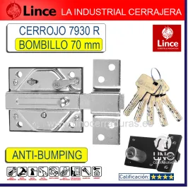 Cerrojo LINCE 7930R-HL CILINDRO 70mm CROMADO.Antibumping