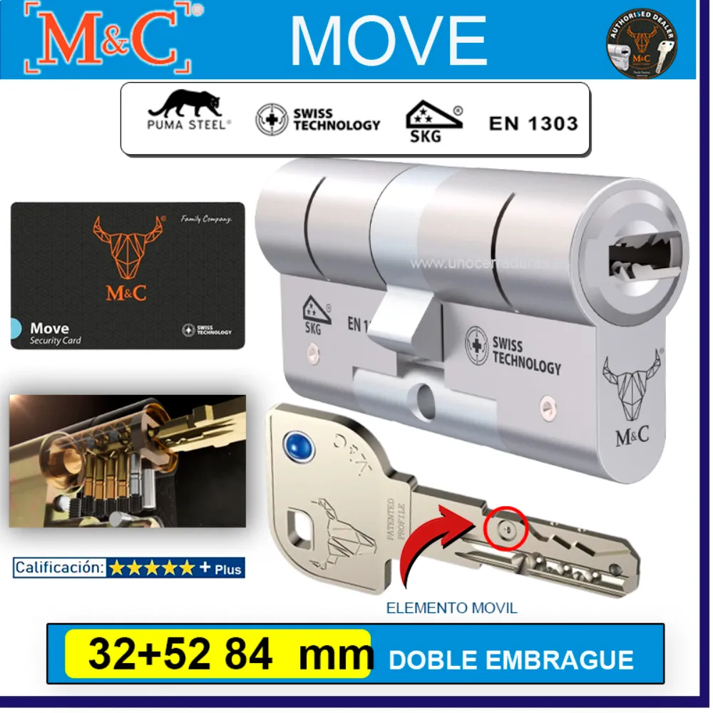 CILINDRO M&C MOVE 32 52 84mm CROMO DOBLE EMBRAGUE 5 LLAVES CILINDRO M&C MOVE 32 52 84mm CROMO DOBLE EMBRAGUE 5 LLAVES
