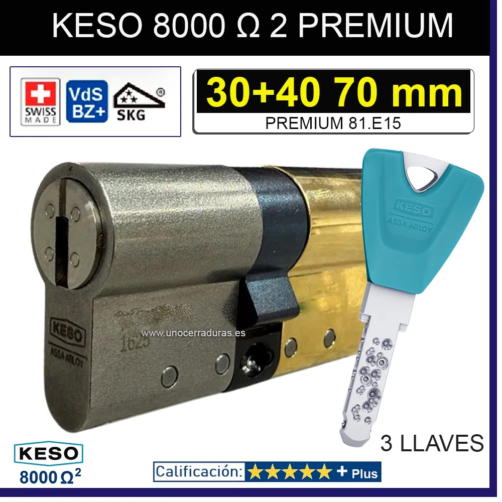 KESO 8000 Omega2 PREMIUM 30+40:70mm ORO 3 Llaves bombin KESO 8000 Omega2 PREMIUM 30+40:70mm ORO 3 Llaves bombin