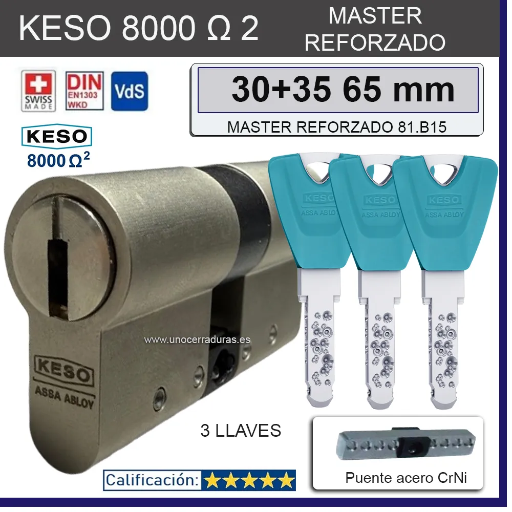 BOMBIN KESO 8000 Omega2 MASTER REFORZADO 30+35:65mm 3 Llaves BOMBIN KESO 8000 Omega2 MASTER REFORZADO 30+35:65mm 3 Llaves