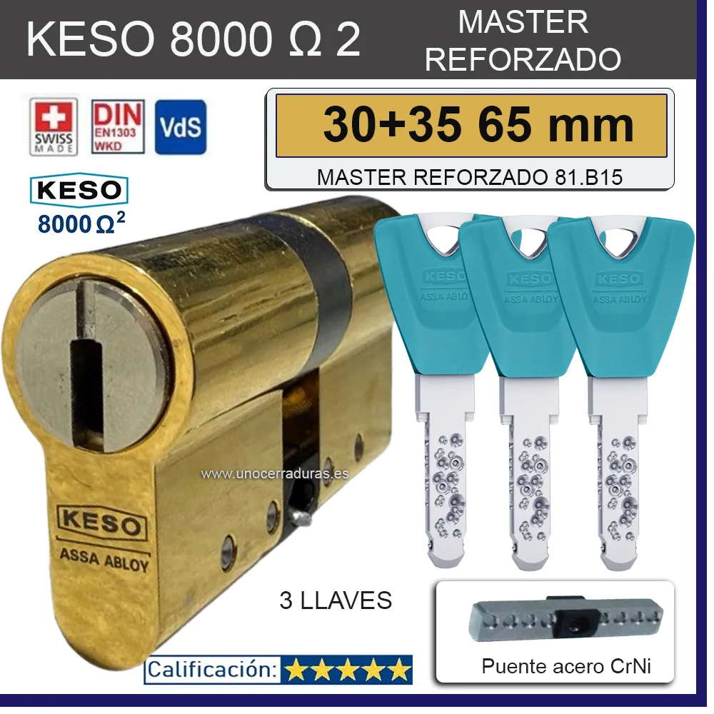 BOMBIN KESO 8000 Omega2 MASTER REFORZADO 30+35:65mm ORO 3 Llaves BOMBIN KESO 8000 Omega2 MASTER REFORZADO 30+35:65mm ORO 3 Llaves
