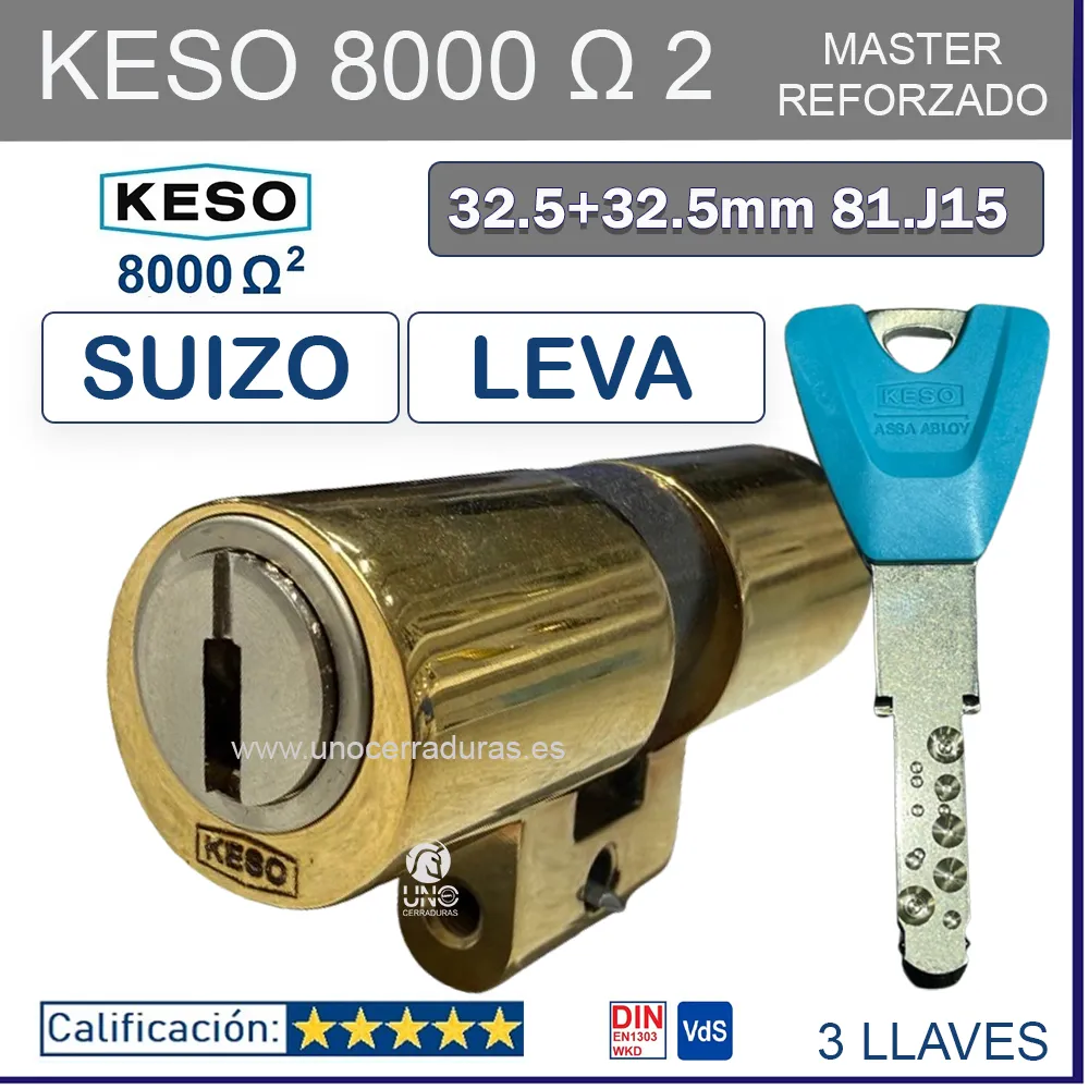 BOMBIN CILINDRO KESO 8000 OMEGA2 SUIZO MASTER SUIZO 32.5+32.5 ORO 3 Llaves. BOMBIN CILINDRO KESO 8000 OMEGA2 SUIZO MASTER SUIZO 32.5+32.5 ORO 3 Llaves.