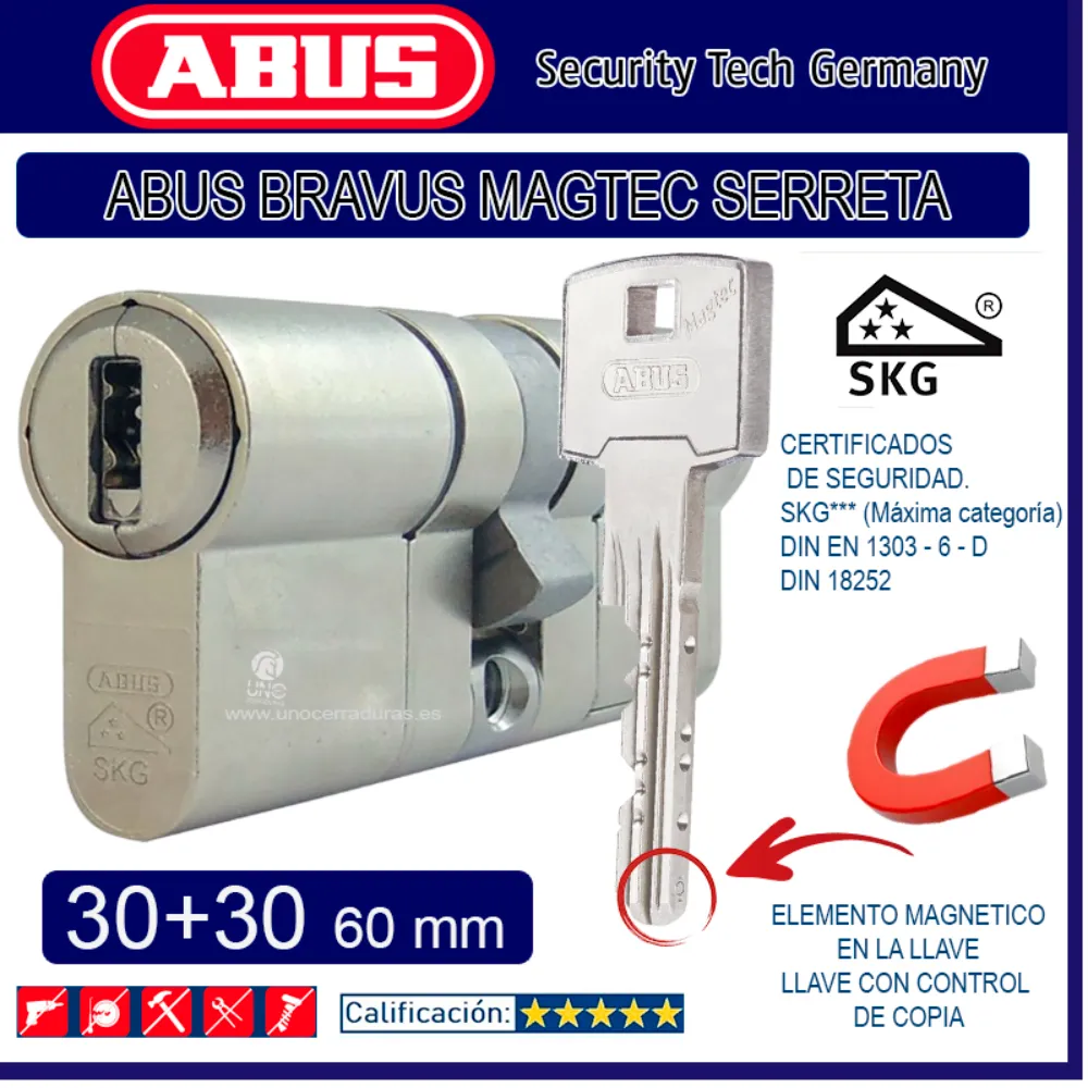 CILINDRO ABUS BRAVUS MAGTEC SERRETA 30 30 MAGNETICO CROMO