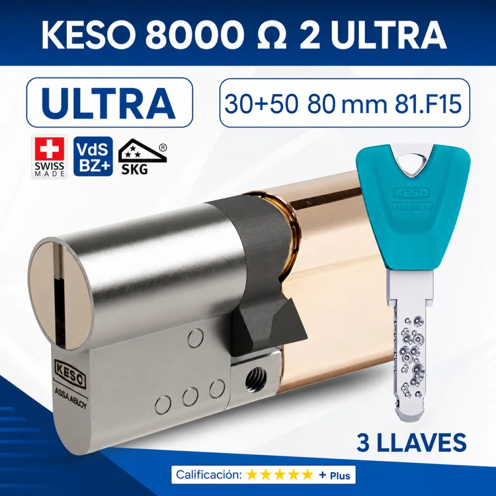 CILINDRO KESO 8000 OMEGA² 81.F15 ULTRA 30+50:80MM 3 LLAVES ORO