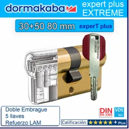 BOMBILLO DORMA KABA Extreme ExperT Plus Doble Embrague+Lam 30+50 80mm LATON BOMBILLO DORMA KABA Extreme ExperT Plus Doble Embrague+Lam 30+50 80mm LATON