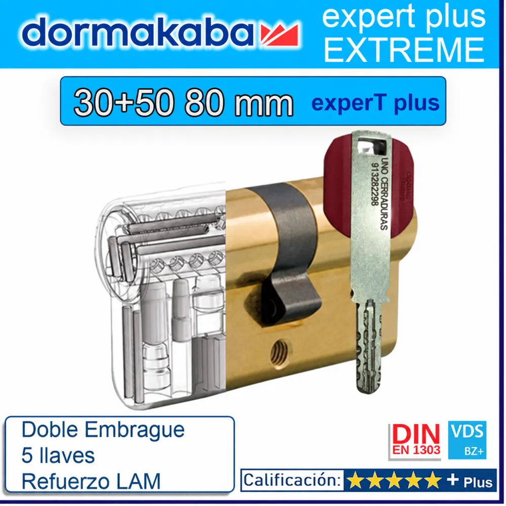 BOMBILLO DORMA KABA Extreme ExperT Plus Doble Embrague+Lam 30+50 80mm LATON BOMBILLO DORMA KABA Extreme ExperT Plus Doble Embrague+Lam 30+50 80mm LATON