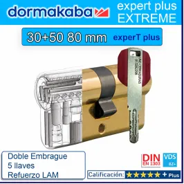 BOMBILLO DORMA KABA Extreme ExperT Plus Doble Embrague+Lam 30+50 80mm LATON